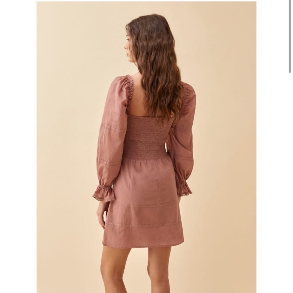 Reformation Dunes Praline Smocked Long Sleeve Mini Dress - Picture 2 of 7
